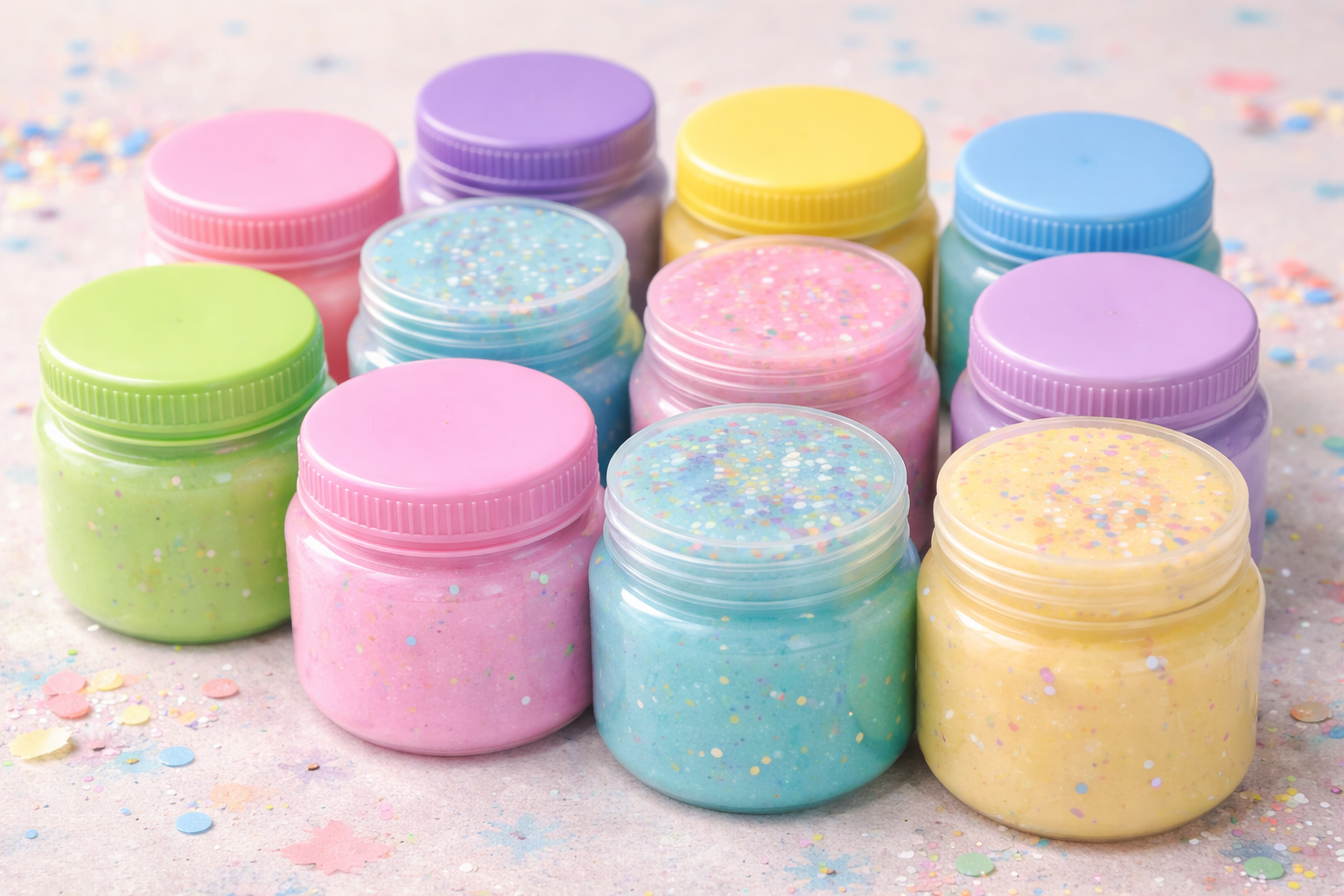 11 small 50ml tubs filled with pastel colour slime for resale or slime party