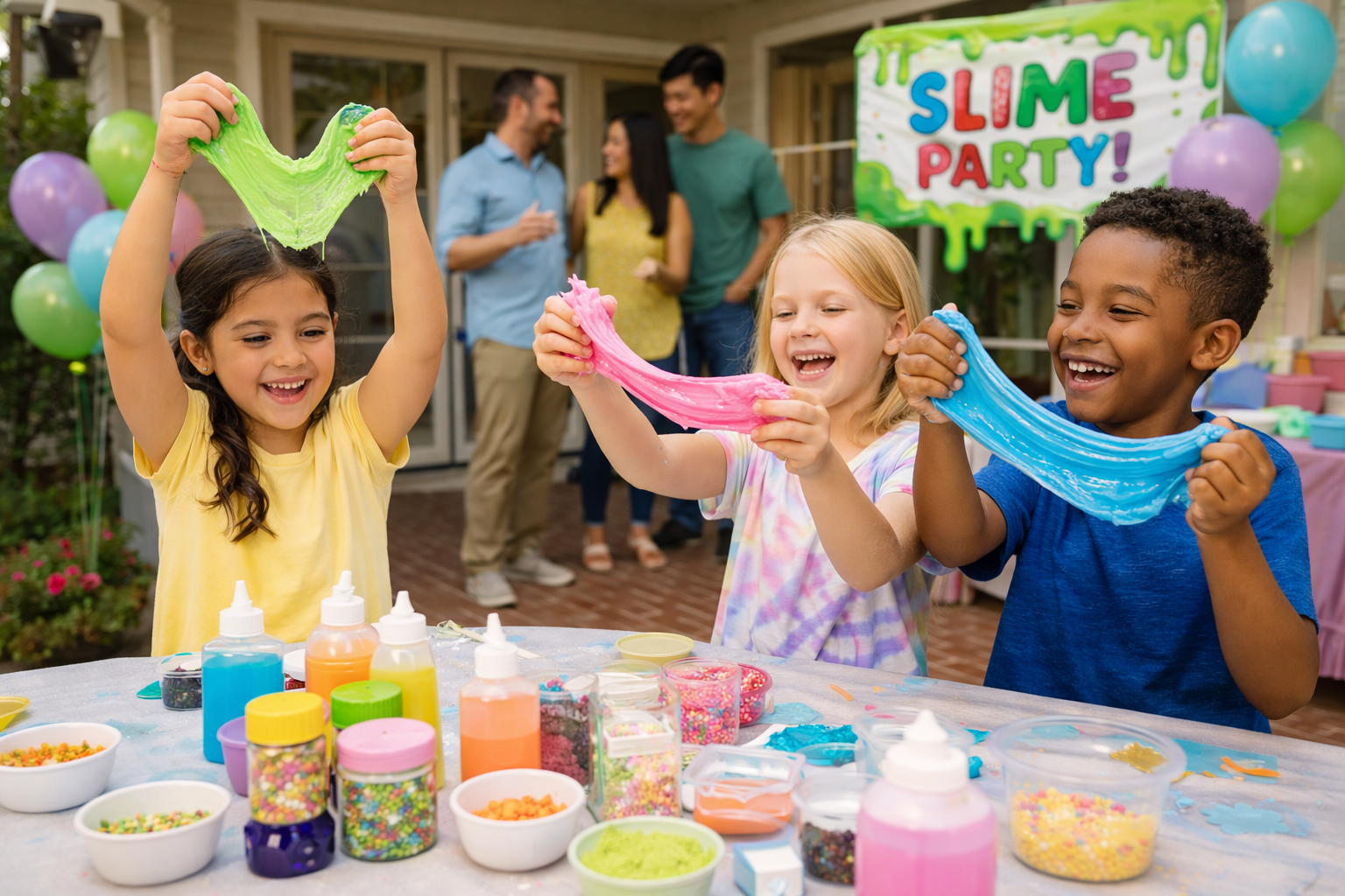 A slime party where kids play with and decorate slime with charms and sprinkles