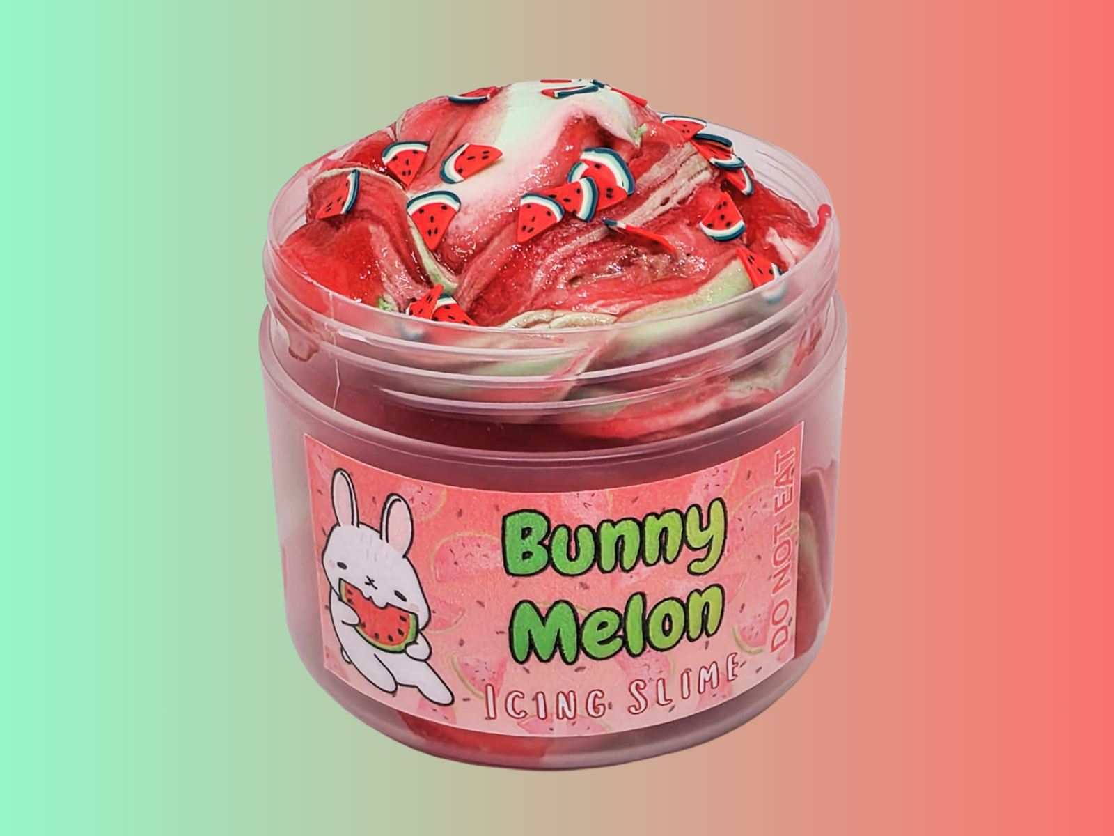 Red Watermelon themed jelly slime and soft green butter slime in a 125ml tub from Lilakawaii Slime Design