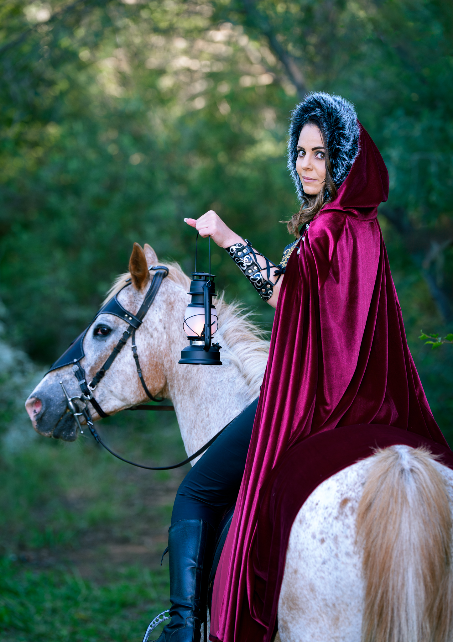 Styled portrait of a female rider in a cape on a horse