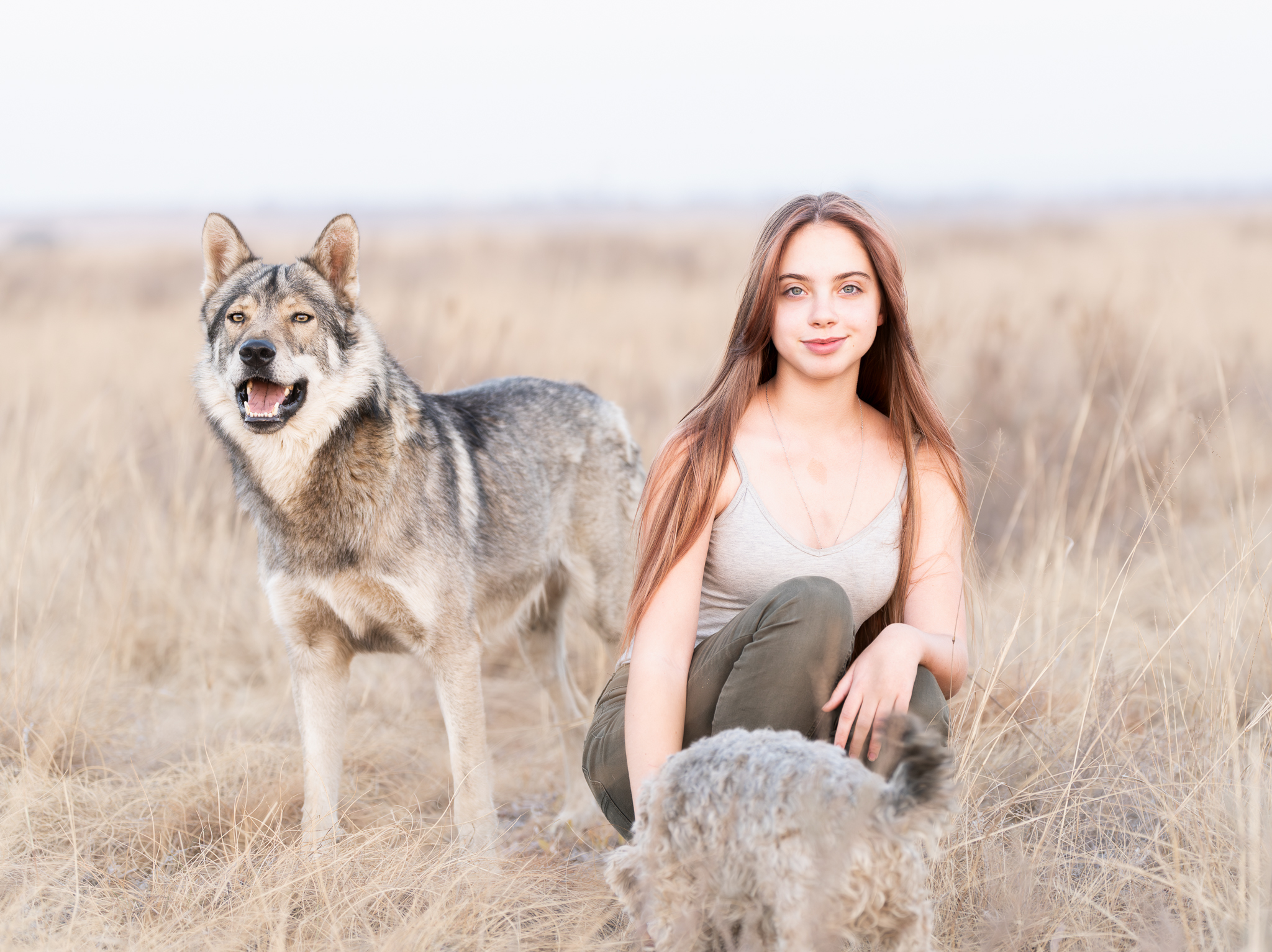 A portrait of a model and a wolf dog in tall tan grass