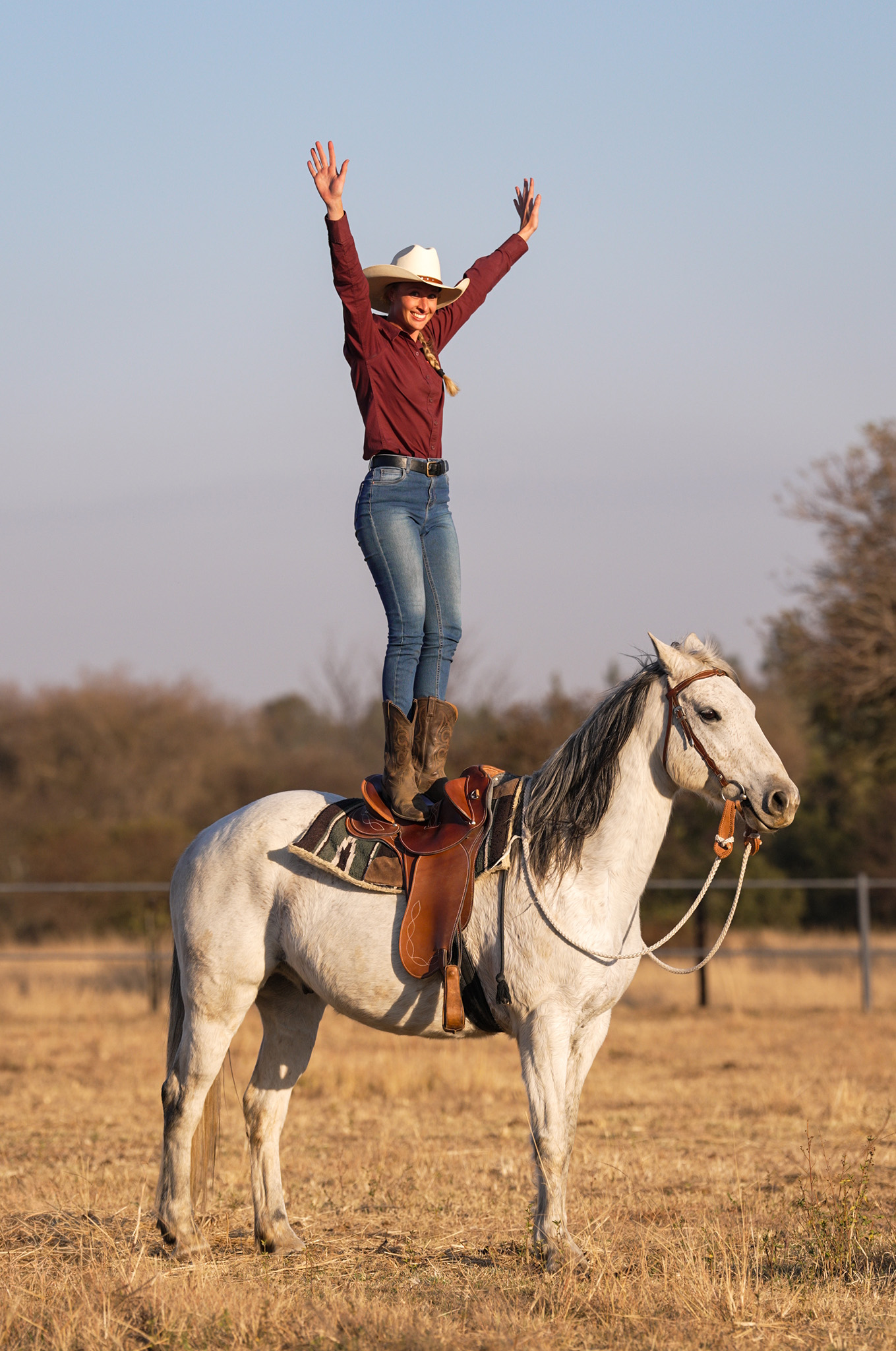 Cowgirl standing on the back of a grey horse