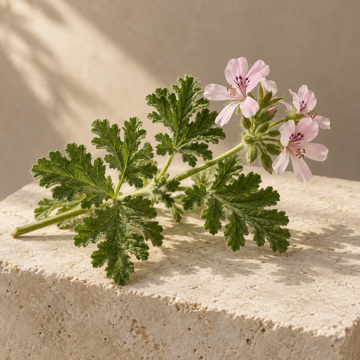 Rose geranium leaves and pale pink flowers on warm limestone