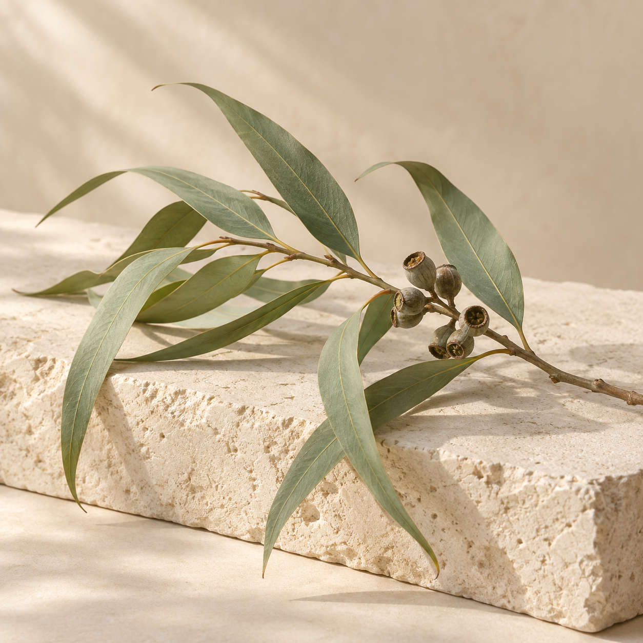 Eucalyptus leaves and gum capsules on warm limestone