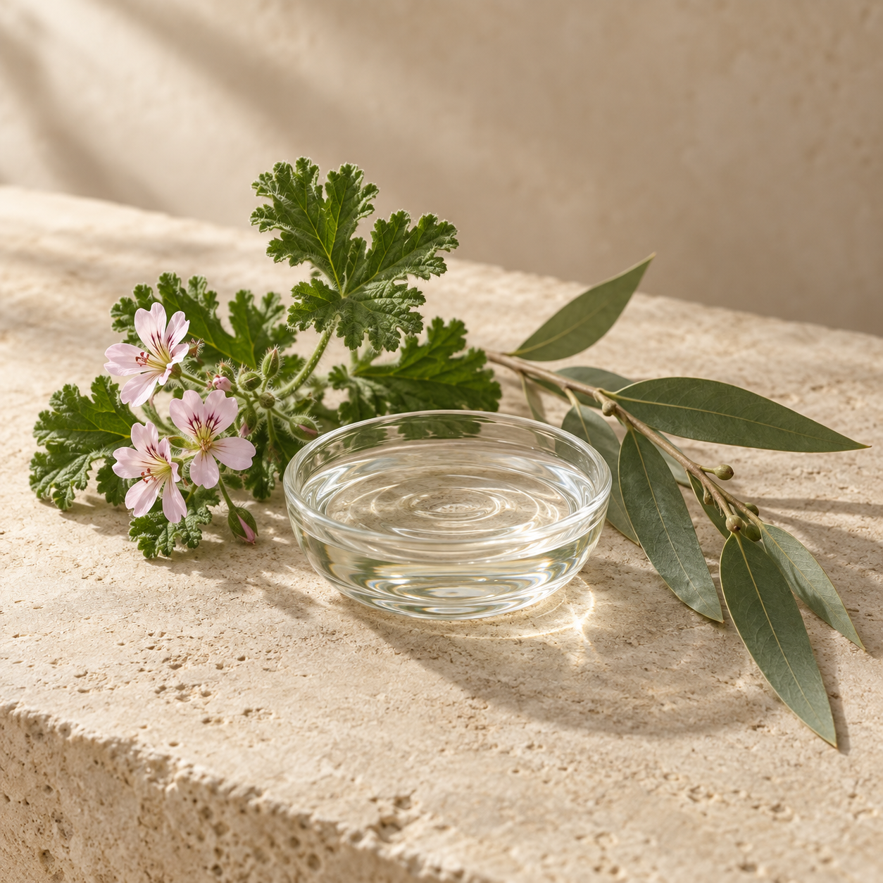 Botanical distillate with rose geranium and eucalyptus on warm stone