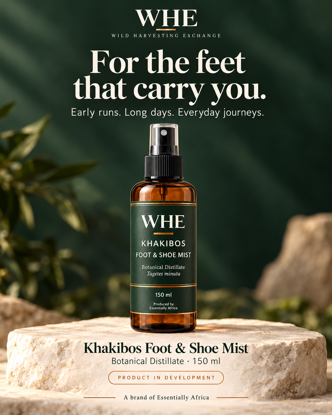 WHE Khakibos Foot and Shoe Mist 150 ml packaging concept, product in development