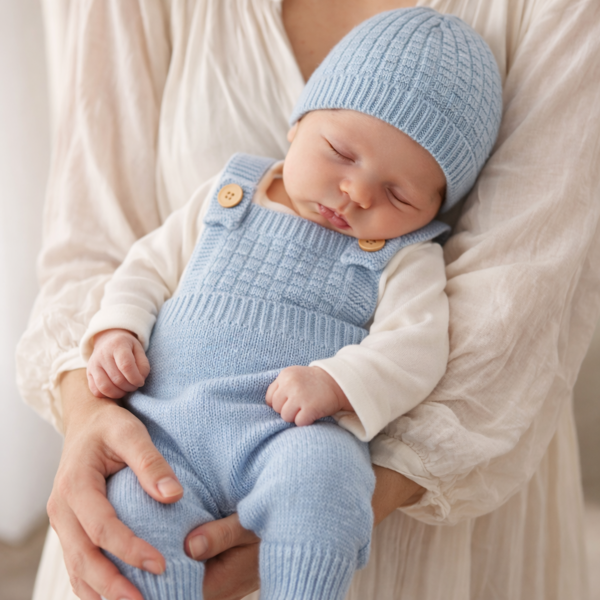 Blue Knit Baby Romper Set with beanie