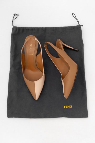 FENDI Pre-Owned Leather Two Tone Slingback Heels Brown