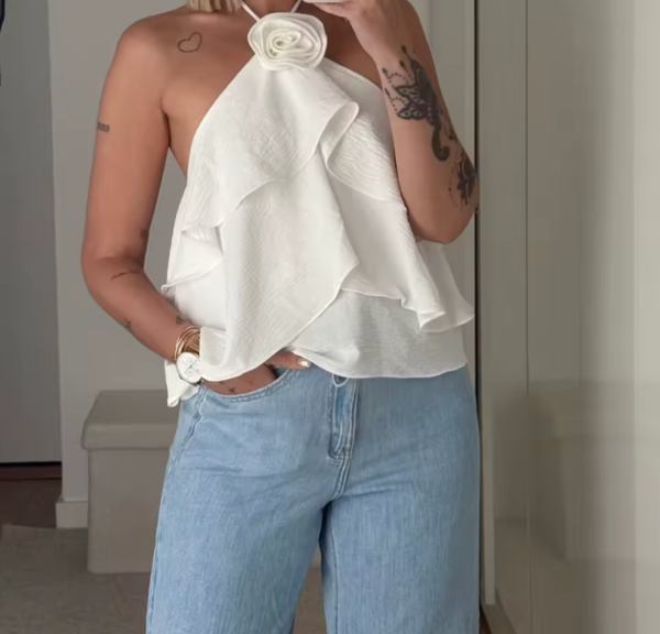 White Layered Ruffle Halter Top with Rose Detail