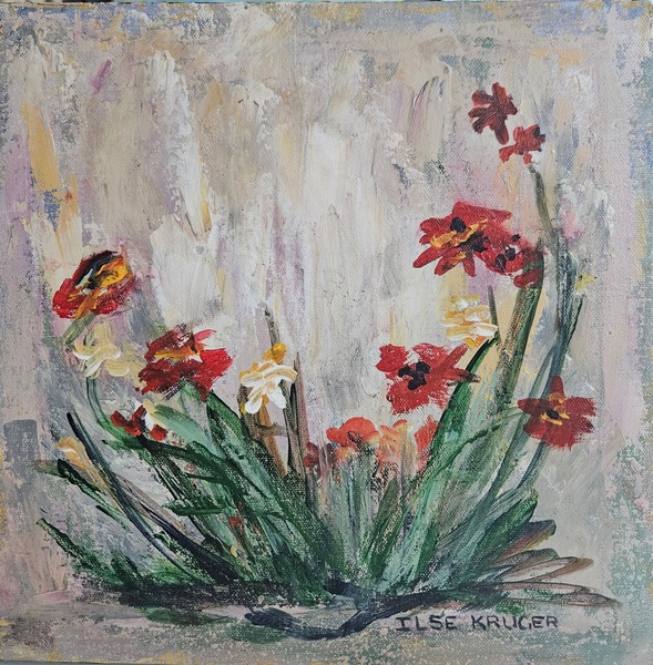 317. Red Palette knife flowers  (30 x 30cm)