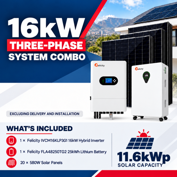 Felicity 16kW Three-Phase Hybrid Solar System with 25kWh Battery and 11.6kWp Solar Array