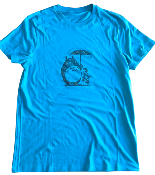 Blue Hand-Printed Totoro-Inspired T-Shirt – Block Print Fan Art Tee