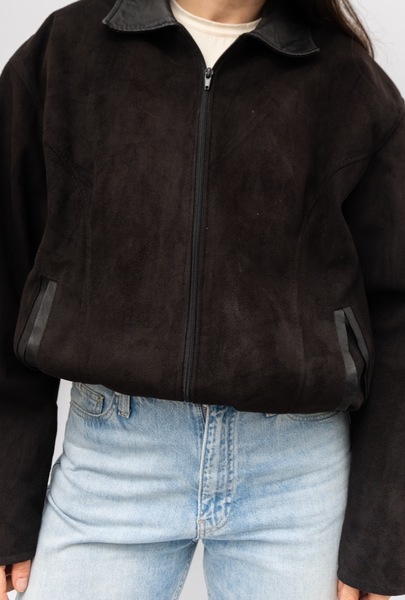 Vintage Faux Suede Bomber Jacket With Leather Accents