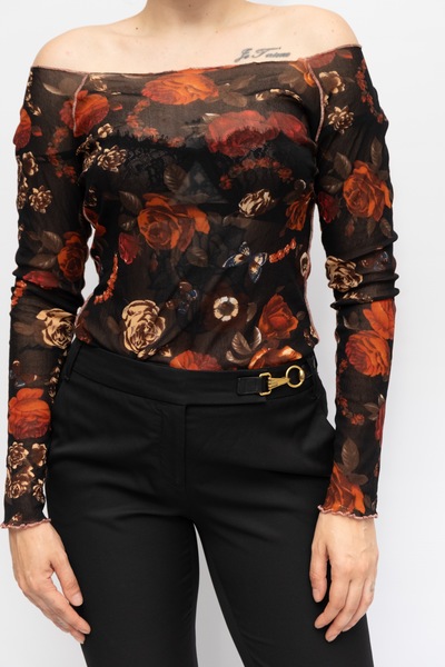Check Mesh Off-Shoulder Top