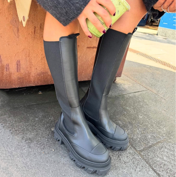 GANNI Black Calf Leather Knee High Boots