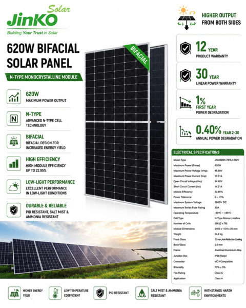 Jinko Solar 620W N-Type Bifacial Monocrystalline Solar Panel