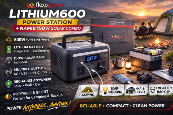 FLEXOPOWER LITHIUM600 POWER STATION & NAMIB150W SOLAR COMBO