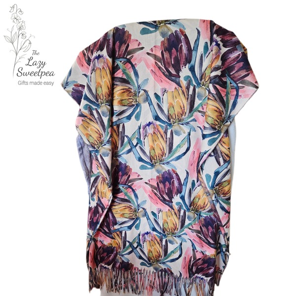 Shawl - Cream with purple and yellow proteas