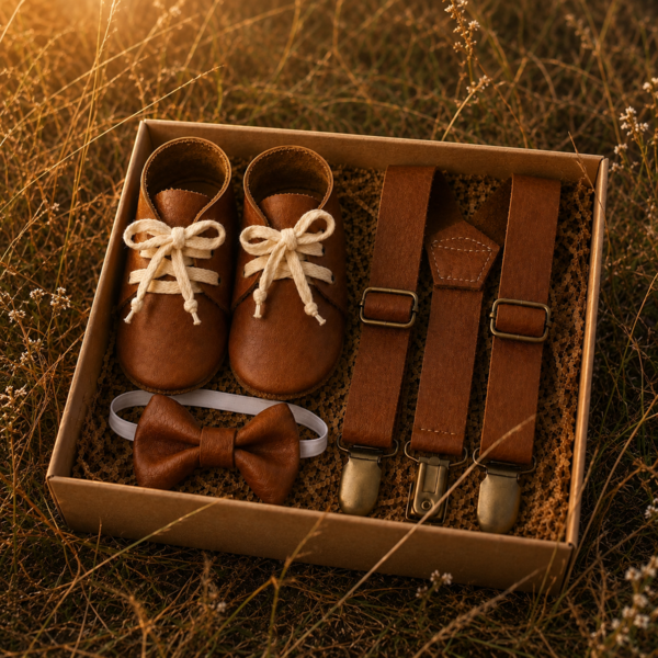 Toffee leather bow tie, suspenders and vellie set