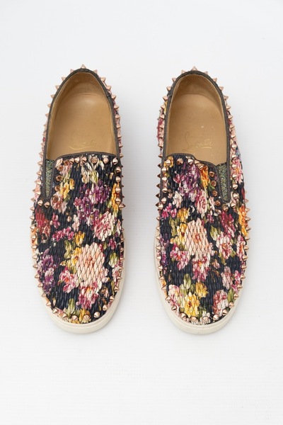 Christian Louboutin Textured Leather Spike Floral Slip Ons