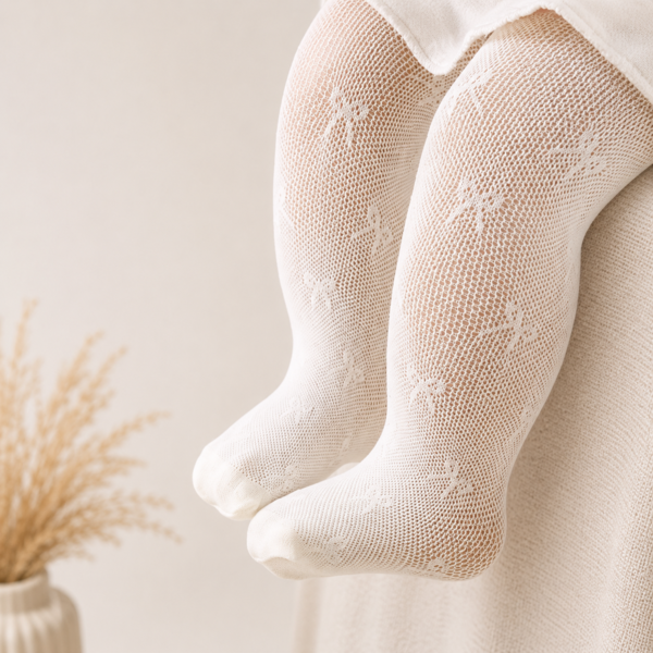 Baby bow pattern tights light cream