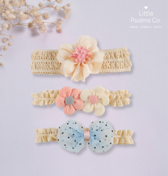3Pc Sweet Blossom Bow & Flower Hairband Set