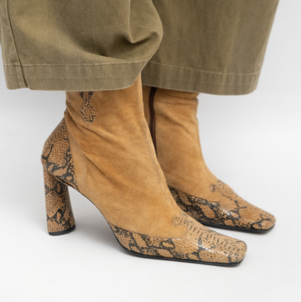 Vintage Mixed Leather High Heeled Boots