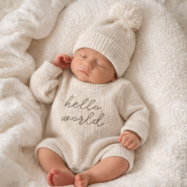 Newborn 2-Piece Knitted Baby Grow Set – “Hello World”