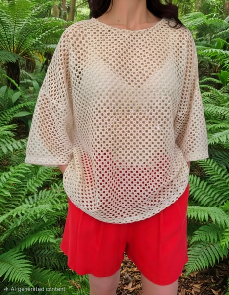 Rayon blend crochet jumper, a lacey effect worn over a bra top or tank top. The cut is loose , with a dropped shoulder and long sleeves which can be rolled up or down.
 a breezy textured addition to elevaate your summer wardrobe.
Kate is wearing a small
coldwash cycle only
Do not tumble dry