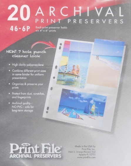 PrintFile 46-6P Archival Print Pages – Holds 6× 4×6 Prints or 3 x 4x5 negatives – Pack of 20
