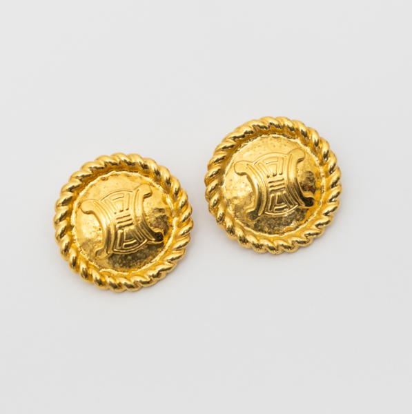 CELINE Vintage 1991 Round Triomphe Logo Clip On Earrings