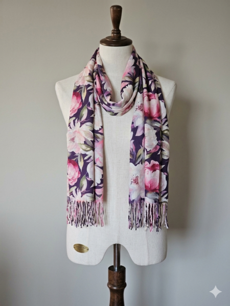 Shawl - Deep purple with cream and pink flowers