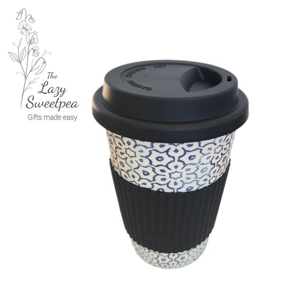 Travel Mug- Navy flower print with black sleeve