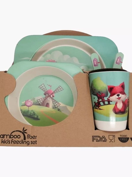 Eco-Friendly Bamboo Kids Feeding Set – 5 Piece (Green Windmill Theme)