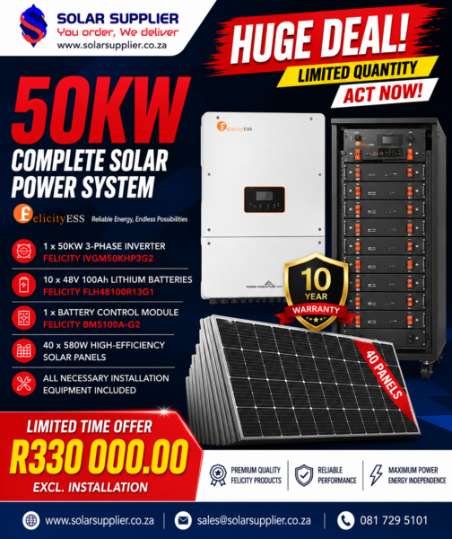 50kW Felicity Three-Phase Solar System – 48kWh Battery Storage