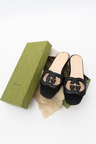 GUCCI Pre-Owned Interlocking G Cutout Leather Slide Sandals