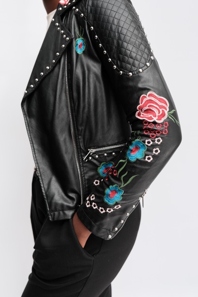 Biker Jacket With Rose Motif