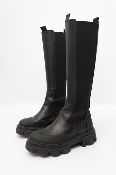 GANNI Black Calf Leather Knee High Boots