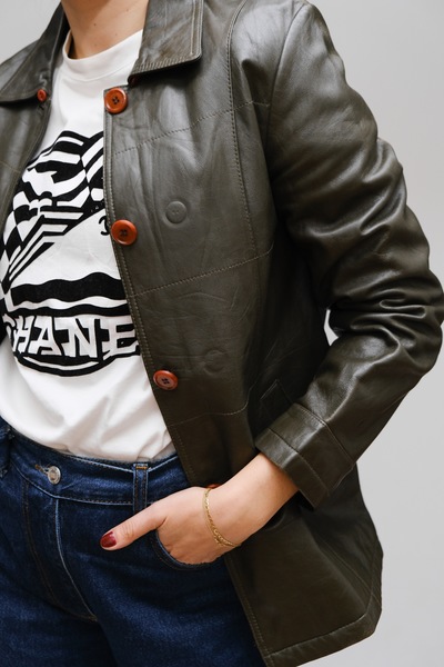 Leather Boxy Jacket Khaki