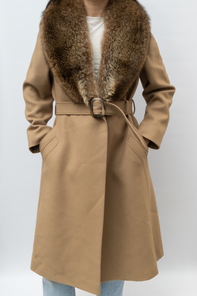 Vintage Pure Wool Camel Coat With Fox Fur Collar
