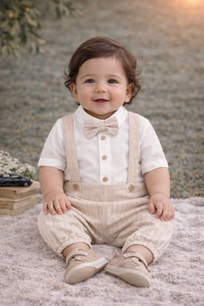 Classic Linen Suspender Romper Set - Beige