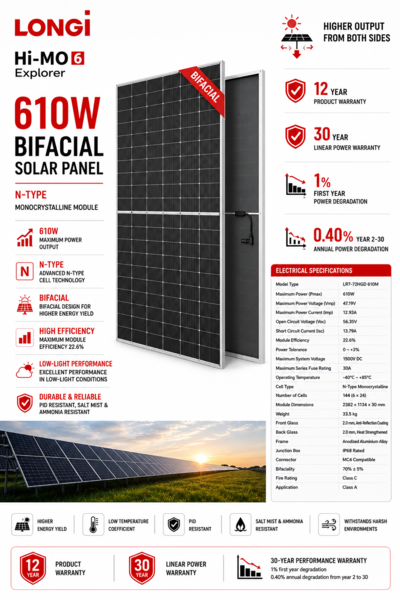 LONGi 610W Hi-MO N-Type Bifacial Monocrystalline Solar Panel
