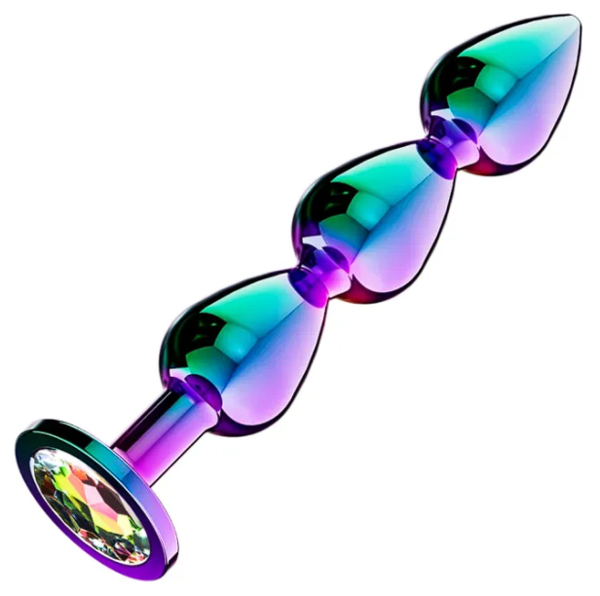 Iridescent Metal Anal Beads Butt Plug with Luxury Jewelry Design and Rainbow Color Round Gem Base