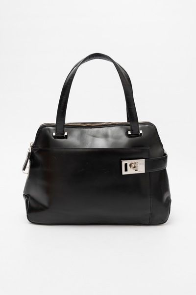 Salvator Ferragamo Gancini Black Leather Top Handle Shoulder Bag