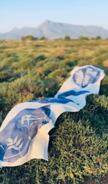 Cyanotype Circles, Linen Table Runner