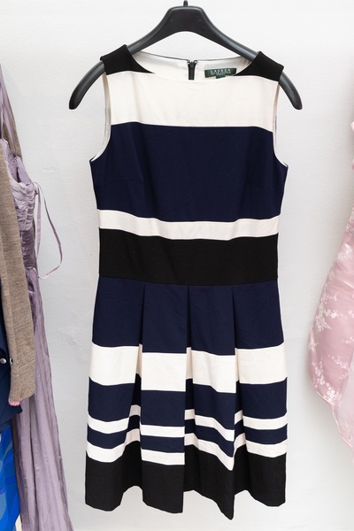 RALPH LAUREN KEYLA Fit&Flare Bar Stripe Dress Navy