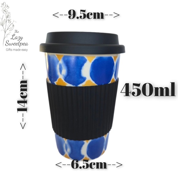 Travel Mug -Big Blue Dots with black sleeve