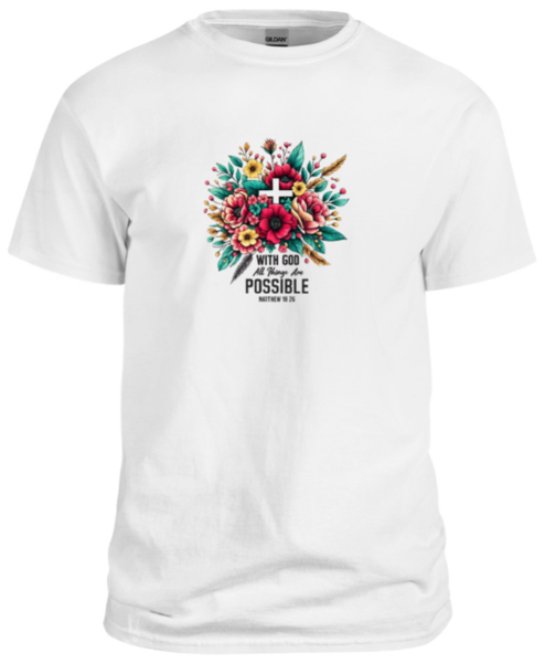 With God white t-shirt and flower design