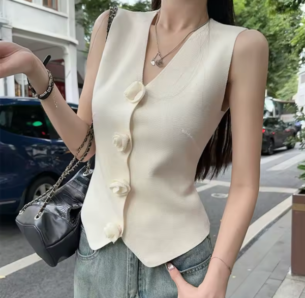 Cream Sculpted Vest with Floral Buttons