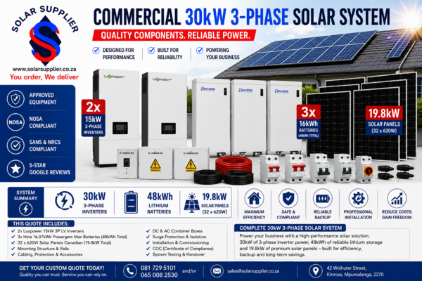 30kW Luxpower Three-Phase Solar System – 48kWh Battery Backup